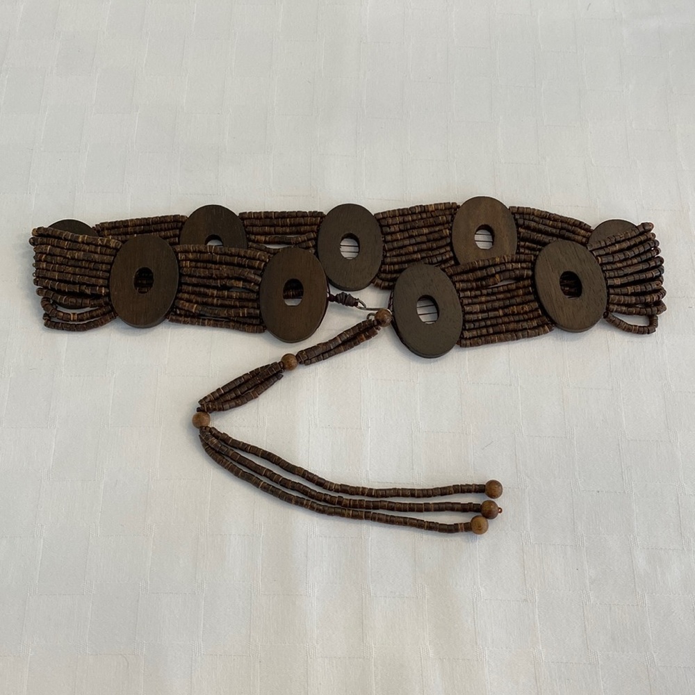 Carlisle Brown Vintage Boho Wood Beaded Circle Discs Adjustable Statement Belt S